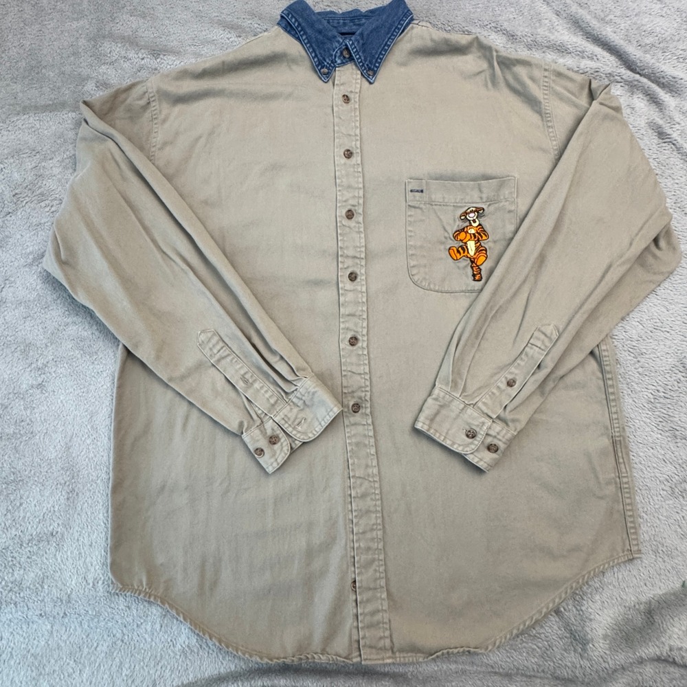 Disney Men's Long Sl. Button Front Shirt Size LT Khaki Color Blue Trim Tigger